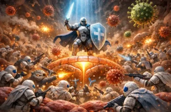Яркая 3D-иллюстрация иммунного ответа: лимфоциты (клетки-защитники) в форме щитов и мечей атакуют разноцветные вирусные частицы внутри кровеносного сосуда человека.